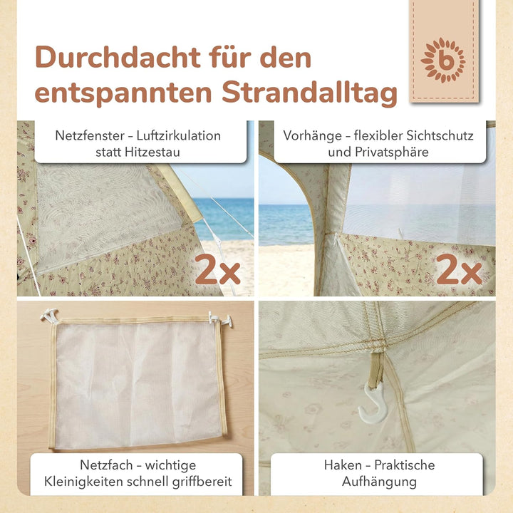 Bieco Strandmuschel Pop Up XXL – Quick-Up Strandzelt Schnellaufbau mit UV Schutz 80+ – Sonnenschutz