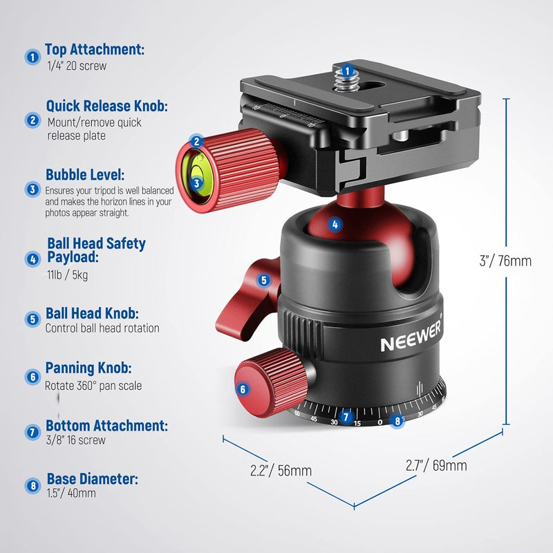 NEEWER Stativkopf, 360° drehbarer Panorama Kugelkopf mit 1/4 Zoll Schnellwechselplatte für Stativ, E