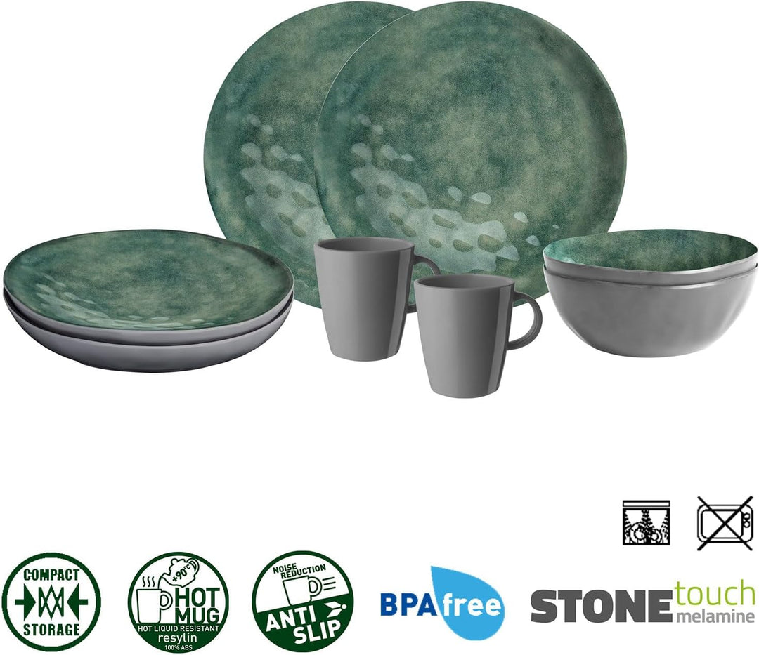 BRUNNER Campinggeschirr Melamin 2-4 Personen (Set: 8, 12, 16 oder 36 Teilig) - Venetian SEA Green -