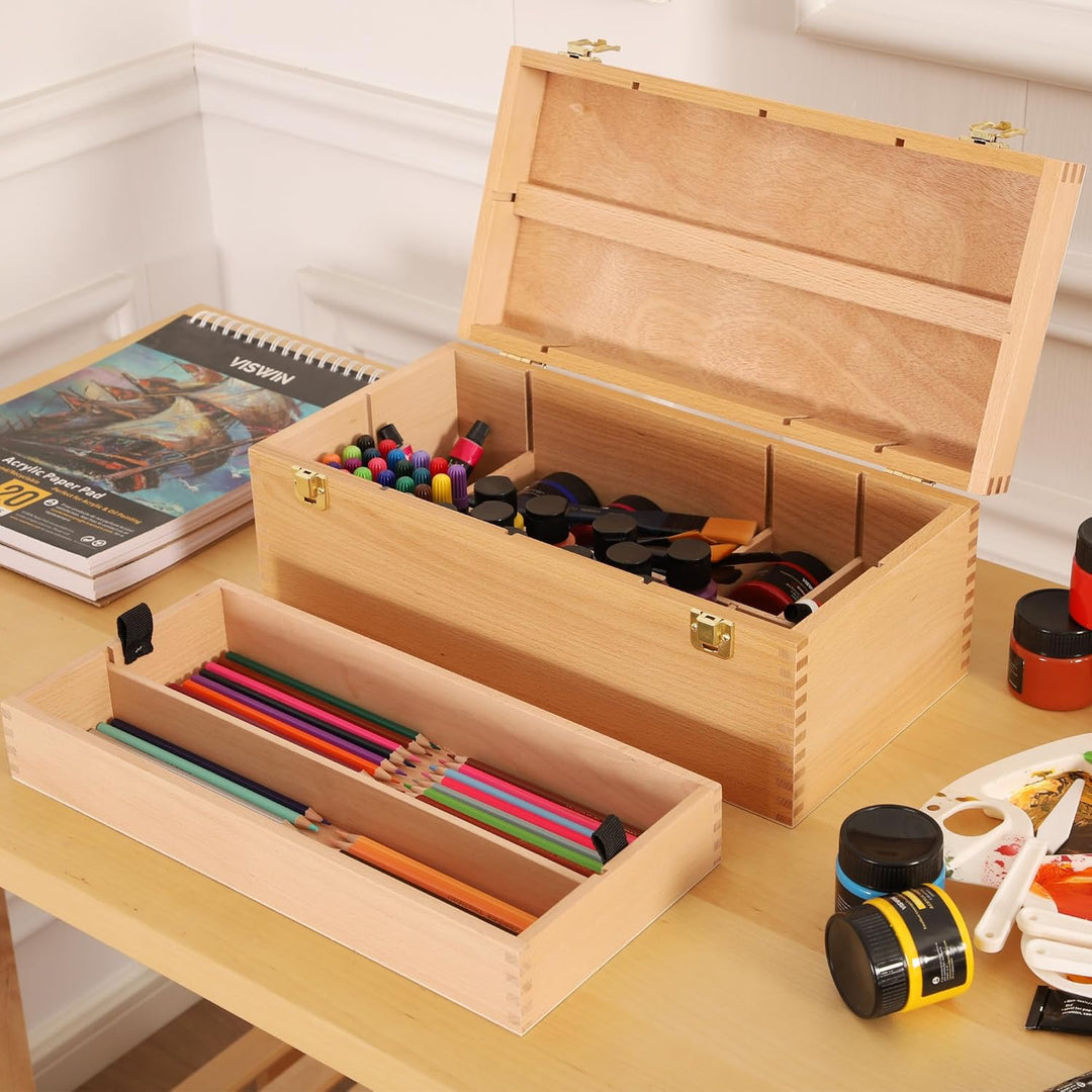 VISWIN 40 x 20 x 15.5 cm Grosse Kunstaufbewahrungsbox, Doppellagige Werkzeugkiste aus Massivem Buche