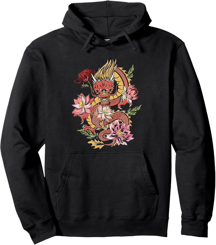 Japanischer Drache mit Blumen Vintage Dragon Aesthetic Pullover Hoodie