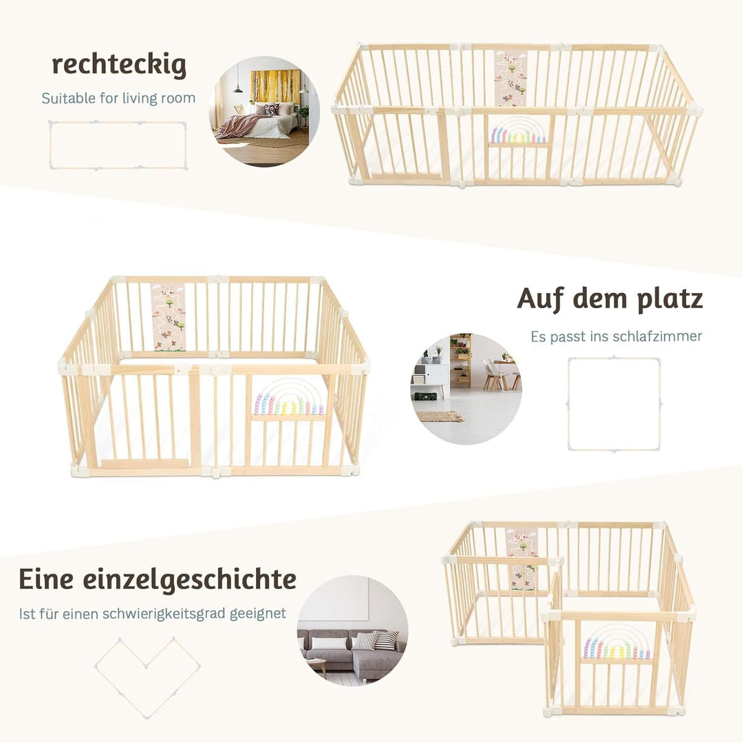 Baby Laufstall,Sicherer＆Stabiler Grosses Faltbares Babys Laufgitter, Holz Laufstall, nachhaltiger La