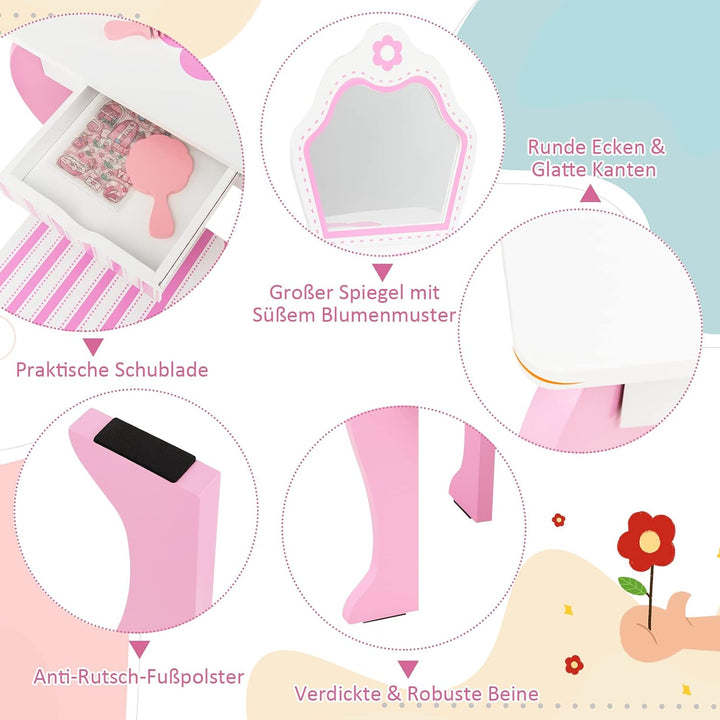 GOPLUS Kinder Schminktisch Set, Make up Schminktisch mit Hocker Spiegel, 2 in 1 Frisiertisch mit Sch