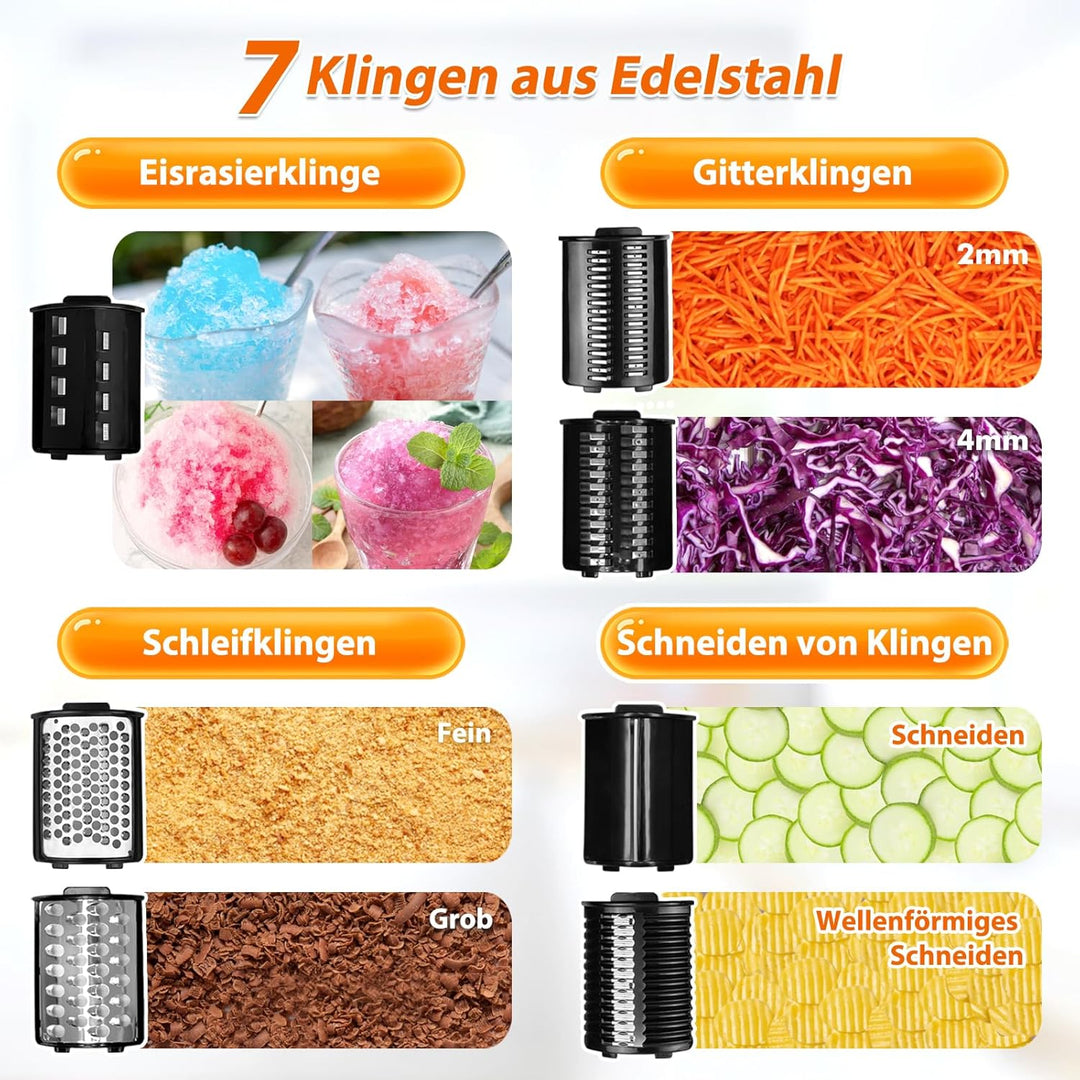 7 in 1 Gemüseschneider Elektrisch Ice Crusher Gemüsehobel Edelstahl Eisrasierer mit 7 Klingen 250W K