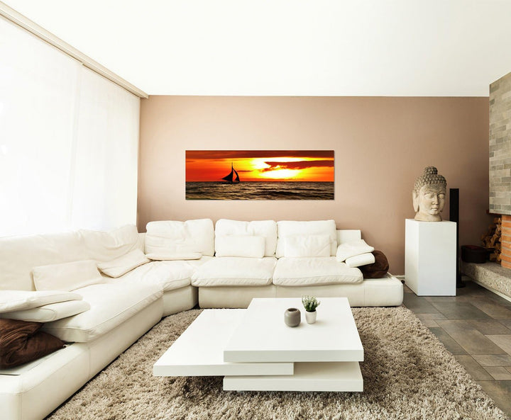 Paul Sinus Art Panoramabild auf Leinwand und Keilrahmen 150x50cm Philippinen Meer Segelboot Sonnenun