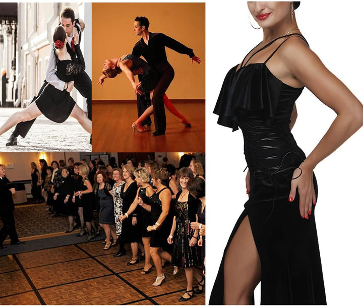 ZYMOZYM Ärmellos Samt Midi Schwarzer Kleid Damen Elegant Sexy Gurte Lateinisch Tanzkleid Lang Party