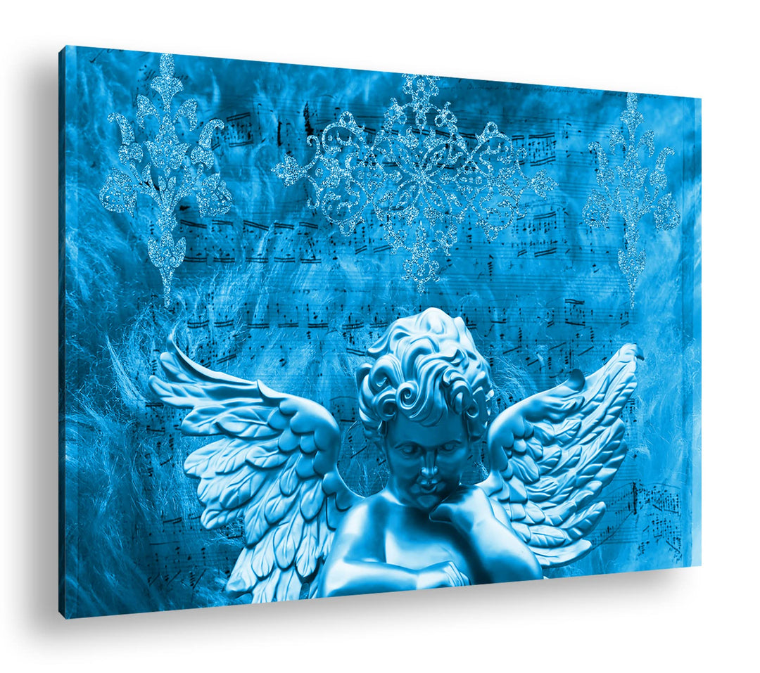 deyoli goldene Engelsstatur Format 80x60 Effekt: Monocrome Blau als Leinwandbild, Motiv fertig gerah