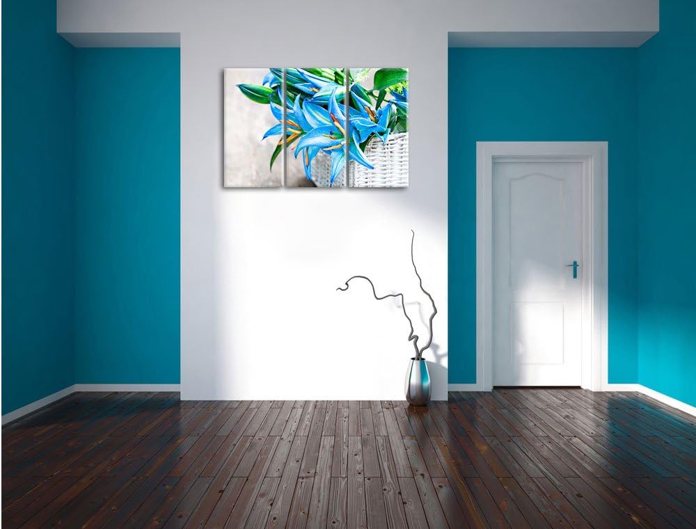 Pixxprint schöne Blaue Blumen im Körbchen / 3-Teilig/Gesamtmass 120cm Leinwandbild bespannt auf Holz