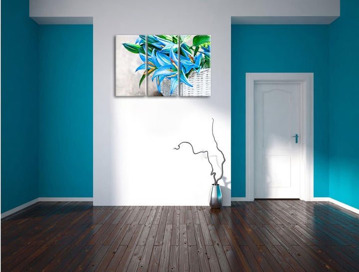 Pixxprint schöne Blaue Blumen im Körbchen / 3-Teilig/Gesamtmass 120cm Leinwandbild bespannt auf Holz