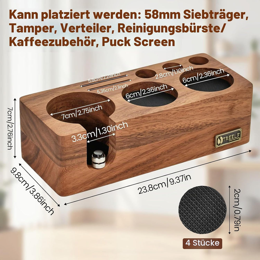 Espresso Tamperstation 58mm Tamperstation mit Abklopfbehälter Holz | Coffee Tamping Station 5 Steckp