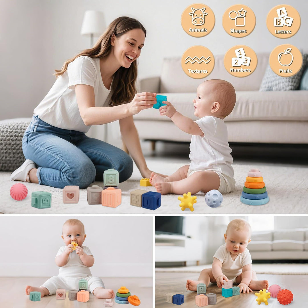 Montessori Spielzeug für Baby 6-12 Monate, 3 in 1 Stapelspiel Bausteine Babyspielzeug Set ab 1 2 3 J