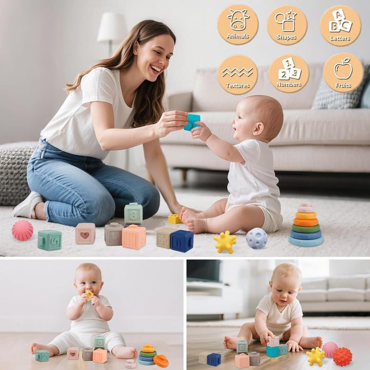Montessori Spielzeug für Baby 6-12 Monate, 3 in 1 Stapelspiel Bausteine Babyspielzeug Set ab 1 2 3 J