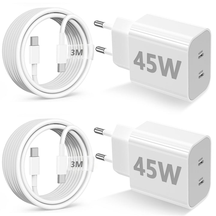 2Pack 45W Dual Port USB C Ladegerät, iPhone 17/16/15 Ladegerät mit 3M langem USB C Ladekabel, PD Sch