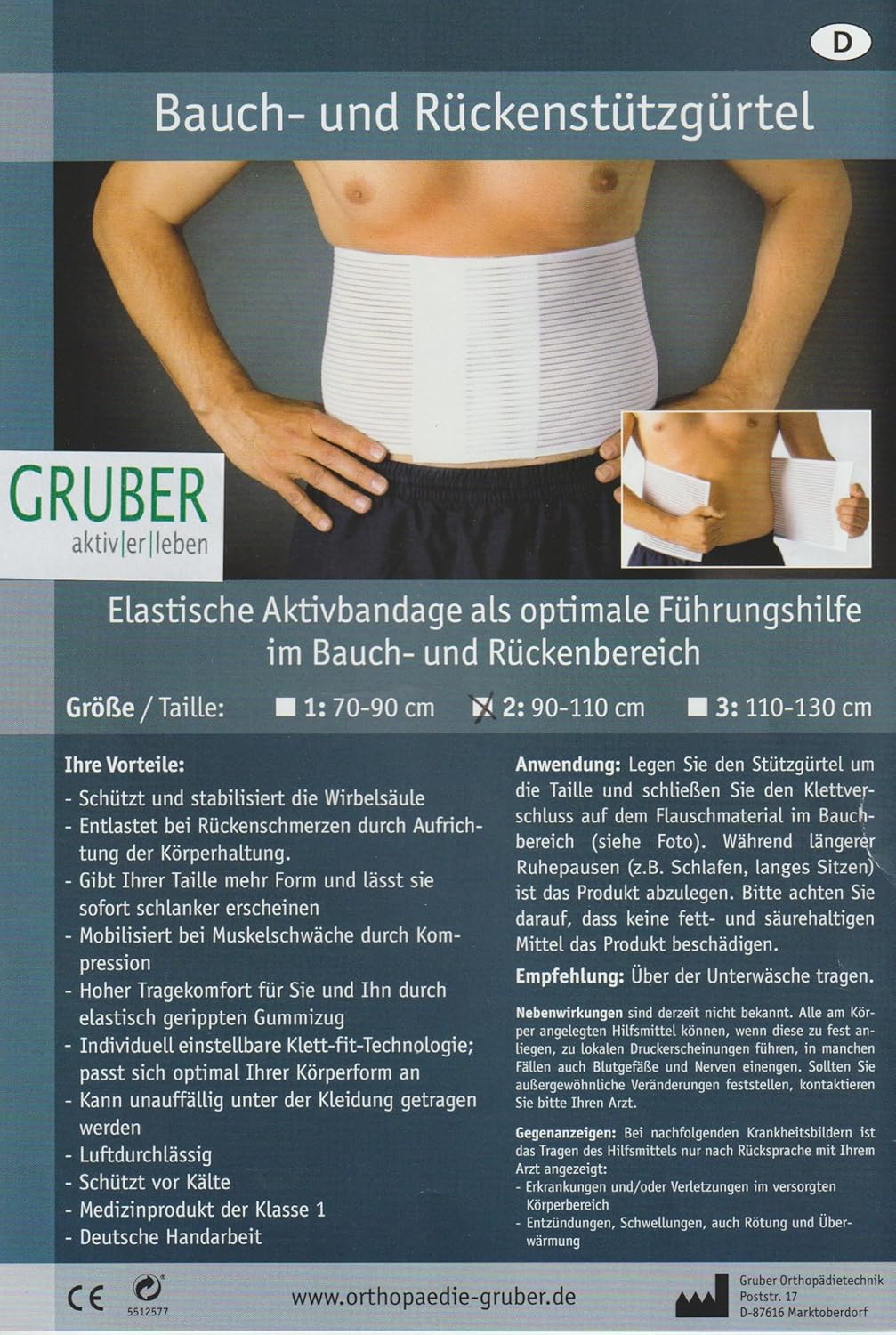 Gruber aktiv|er|leben Bauch und Rückenstützgürtel Bauchweggürtel Gr. 2 Slim (Breite 18,5 cm, Umfang