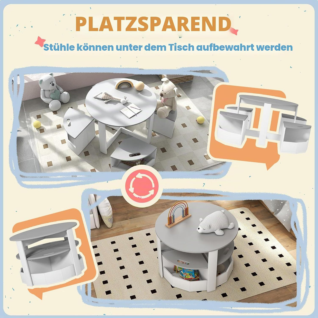 AIYAPLAY 5-TLG. Kindertisch und Hocker Set, Tisch und Stühle Set mit platzsparendem Holzaufbewahrung