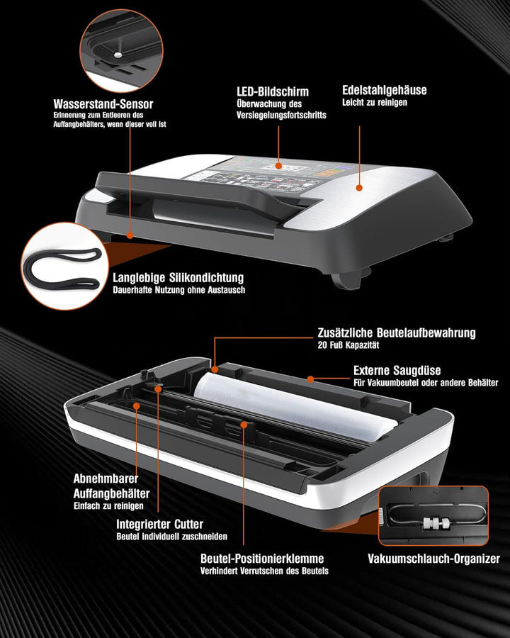 Vakuumiergerät für Lebensmittel 95 kPa, 12-in-1 Vacuum Sealer mit doppelter Schweissnaht, Easy-Lock-