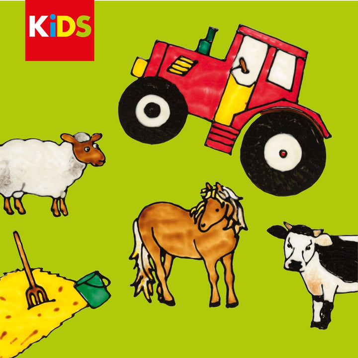 Marabu 0306000000010 - Kids Window Color Farmer mit 6 x 80 ml Farbe, Malvorlage A3 mit 25 Motiven un