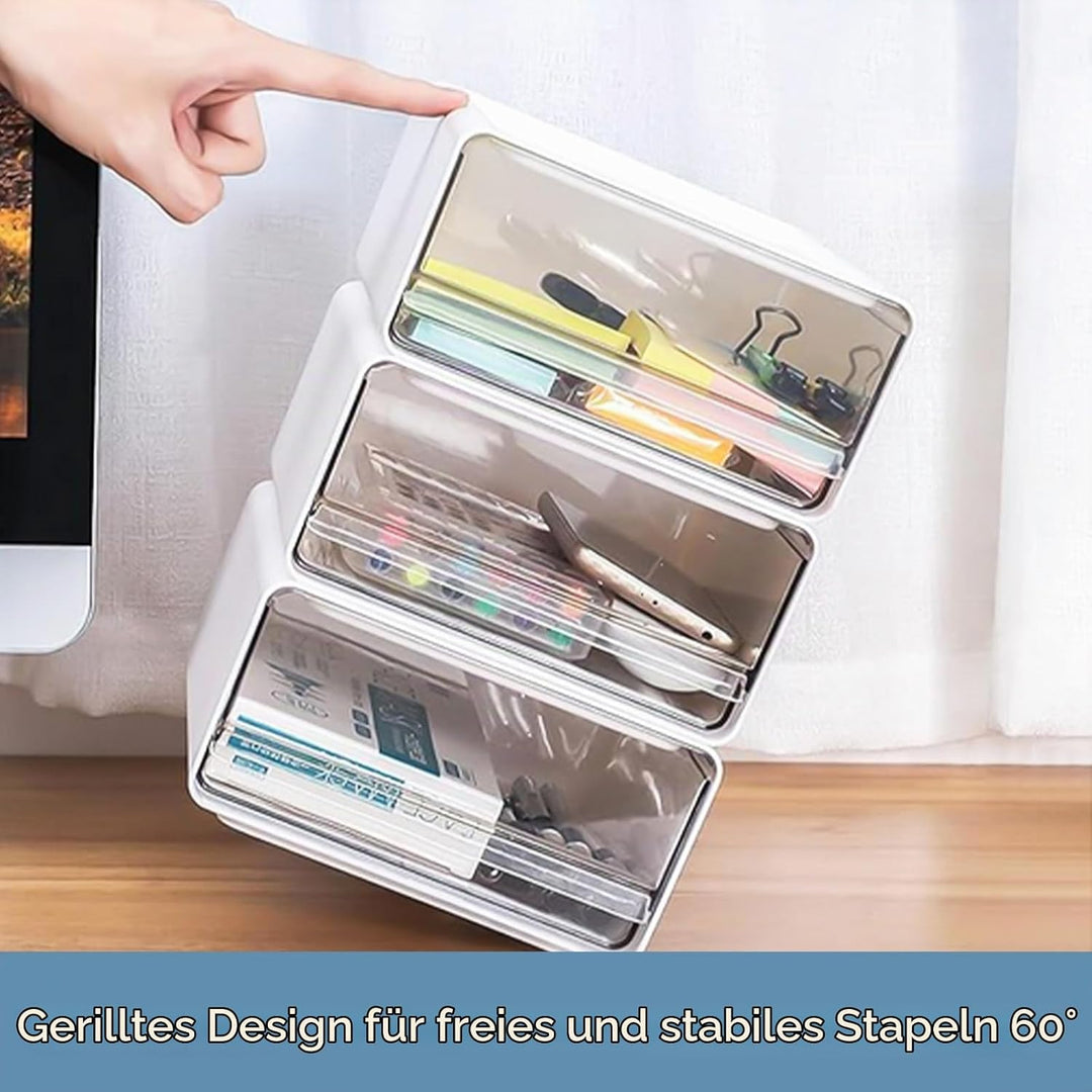 4 Stück Stapelbar Schreibtisch Organize mit 4 Schubladen, Transparent Weiss Schubladenboxen mit Etik