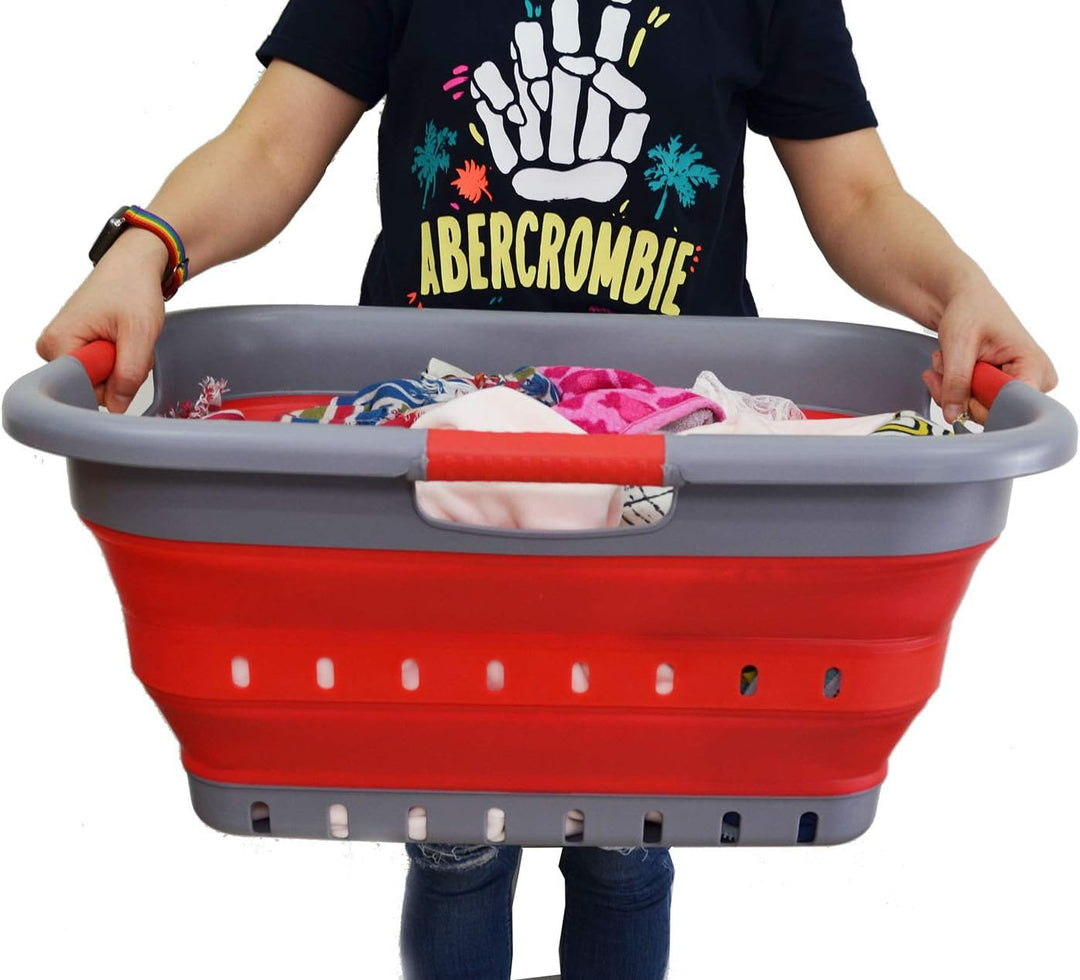 SAMMART 41L Collapsible 3 Handled Plastic Laundry Basket - Foldable Pop Up Storage Basket/Organizer