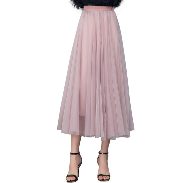 Damen Tüllrock Midi Faltenrock Hoher Bund Schick Rock Elastisch Taille Drapiert Stoff 36-40 Rosa, 36