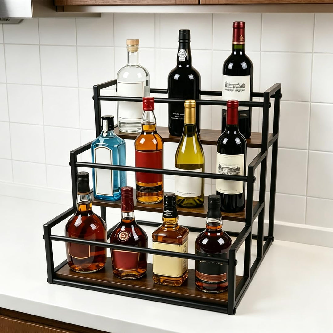 Weinständer aus Holz mit Tablett 3 Ebenen Weinregal Flaschenregal Arbeitsplatte Weinflaschenhalter F
