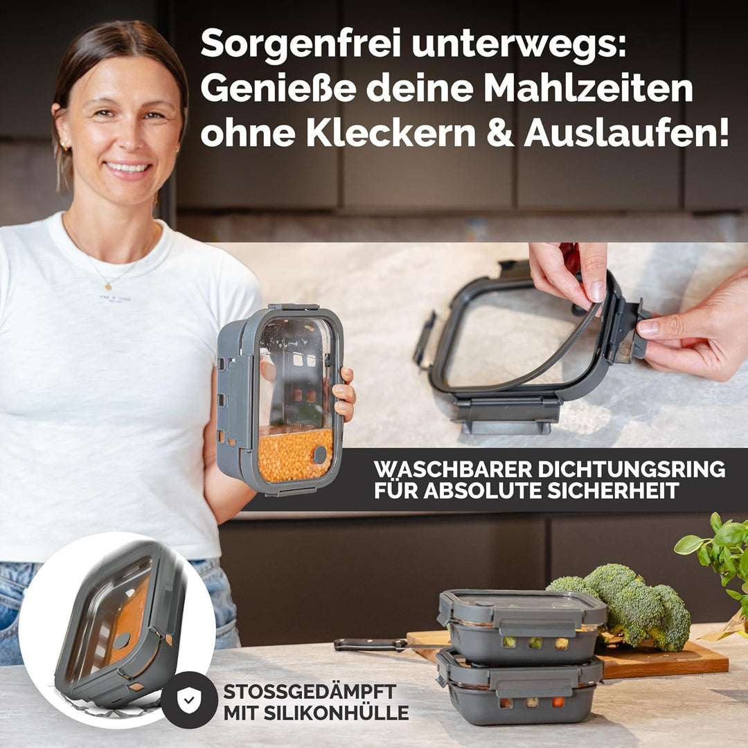Meal Prep Boxen Set 3x640ml – Borosilikatglas, auslaufsicher, stapelbar, mikrowellengeeignet, mit Si