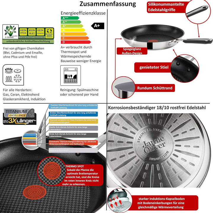 Tefal E30 Jamie Oliver Pfannenset Induktion 7 tlg -SET18- Schmorpfanne mit Glasdeckel 25 cm hoch, Pf