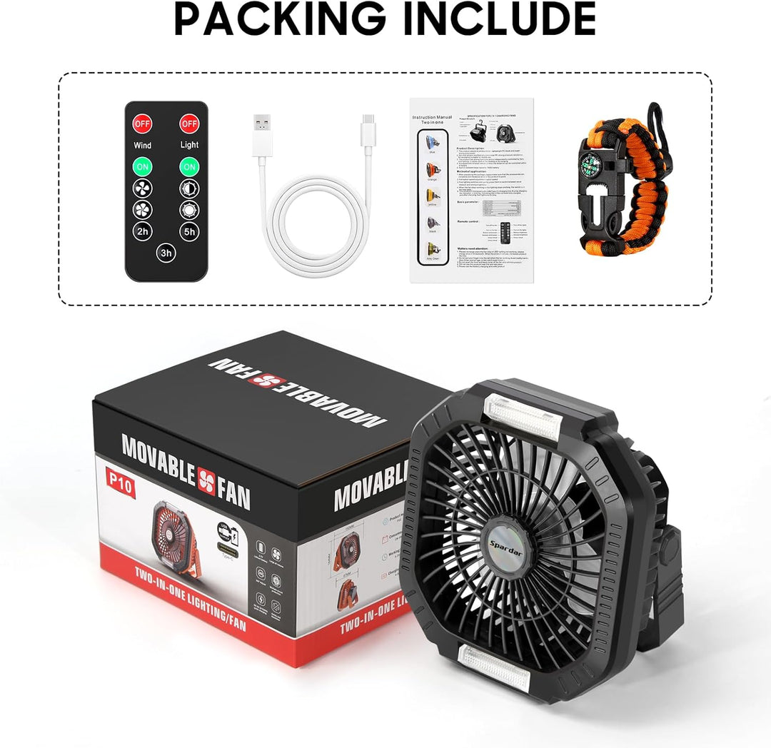 Camping Ventilator, 10000 mAh Ventilator USB-Tischventilator mit Licht, Haken und Paracord-Armband,