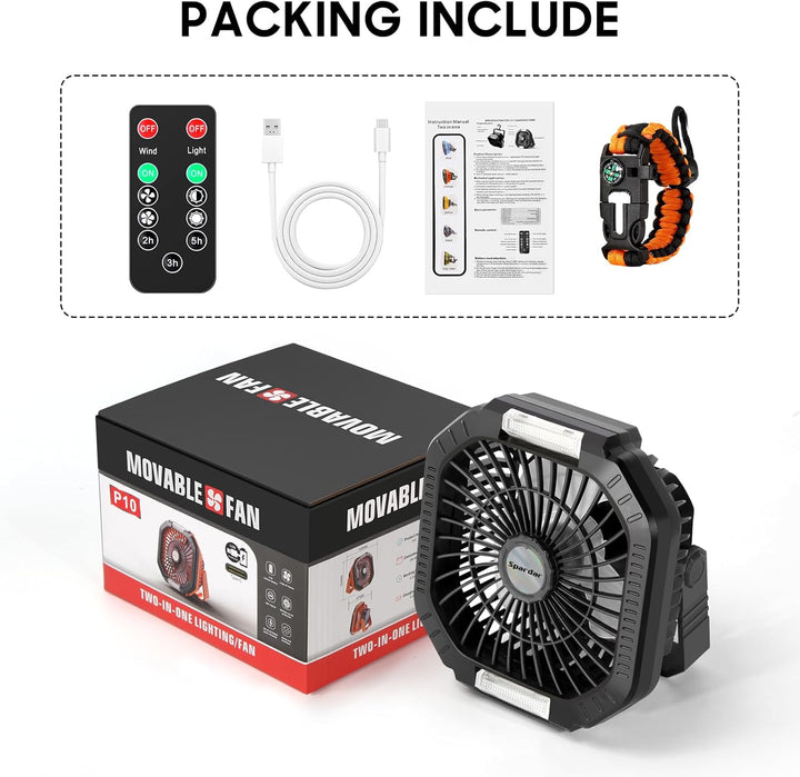 Camping Ventilator, 10000 mAh Ventilator USB-Tischventilator mit Licht, Haken und Paracord-Armband,