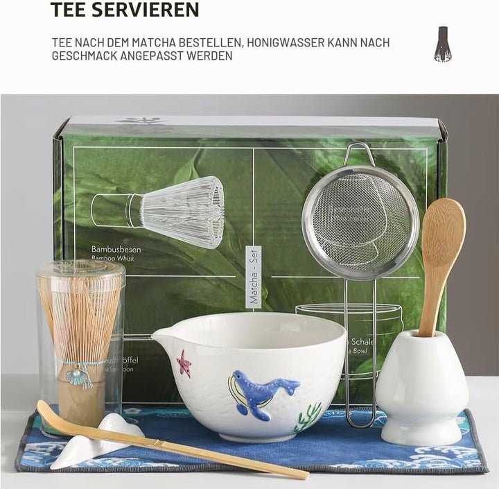 Japanisches Matcha-Tee-Set, 7-teilig, Keramik-Matchaschale mit Wal-Motiv, Bambus-Besen, Whisk-Halter