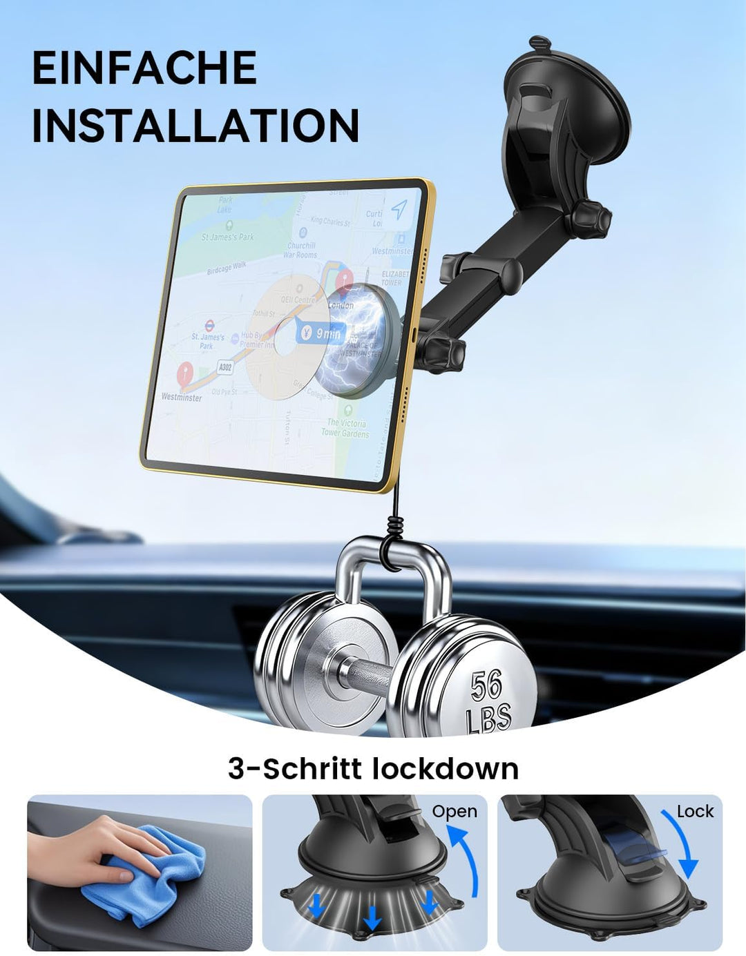 OHLPRO Tablet Halterung Auto,360° Drehung Tablethalterungen 18cm Ausziehbare Arm+ Waschbar Saugnapf,