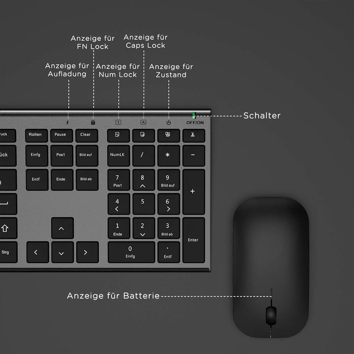 Kabelloses Tastatur Maus Set, seenda KS15F 2.4G Ultraflach Wireless Tastatur und Maus Aufladbar aus