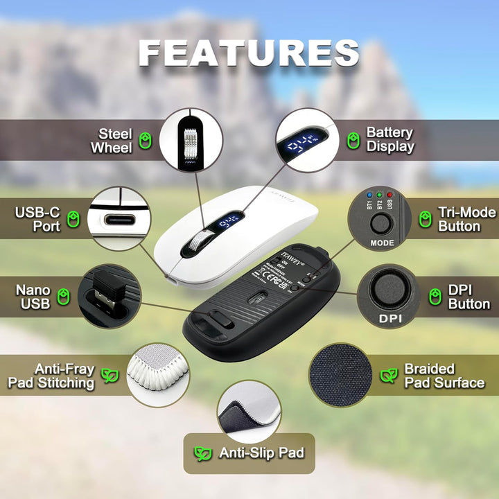 Kabellose Maus & Mauspad Set - mit LCD-Anzeige, Bluetooth & Nano USB, Tri-Modus, wiederaufladbar, le