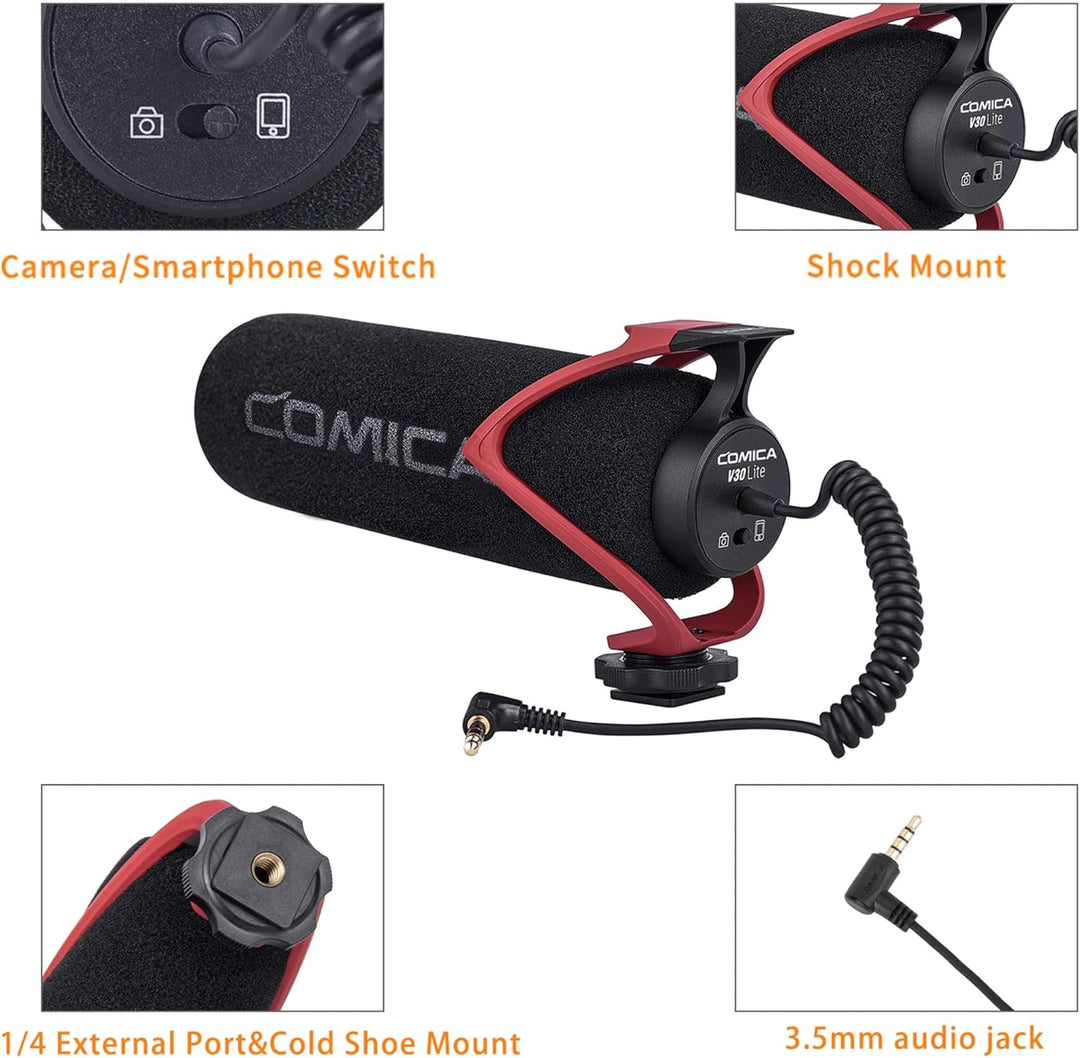 COMICA CVM-V30 LITE Super-Kardioid Kamera Mikrofon, 3.5mm Richtmikrofon für Camera, DSLR-Kameras, Ca