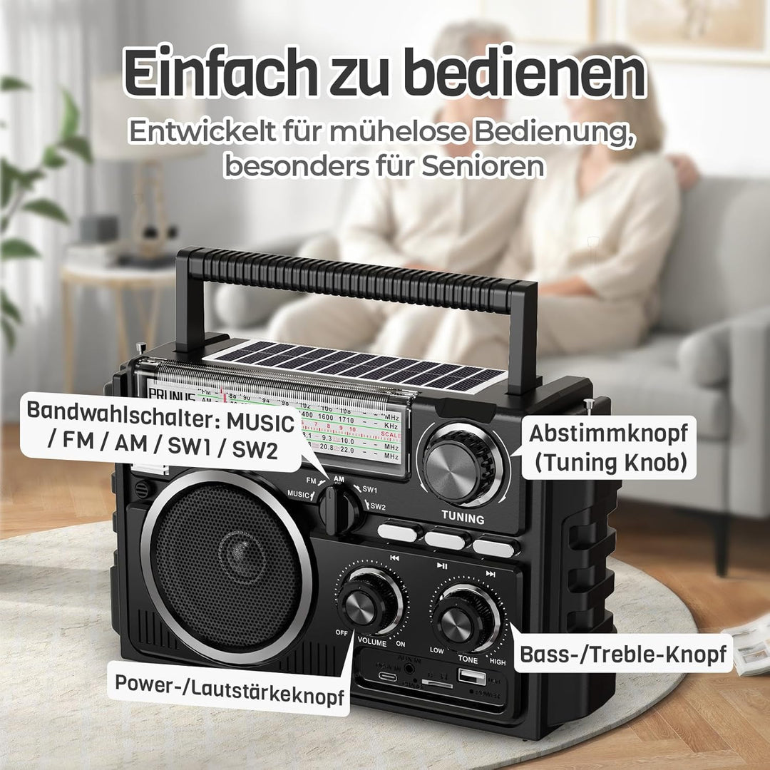 PRUNUS J-02 AM/FM/SW Weltempfänger Radio Klein, Solar Radio mit Akku 1800mAh oder D-Zellen Batterien