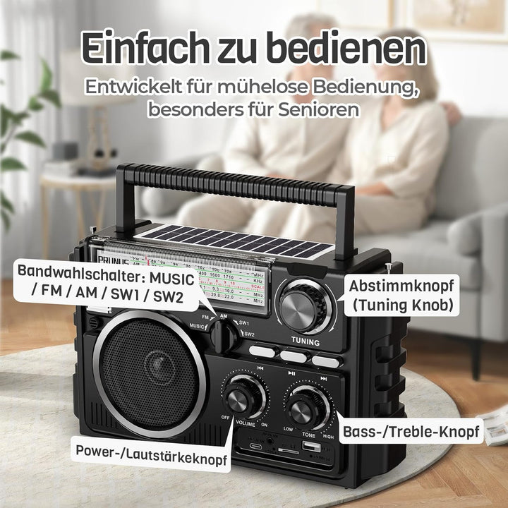 PRUNUS J-02 AM/FM/SW Weltempfänger Radio Klein, Solar Radio mit Akku 1800mAh oder D-Zellen Batterien