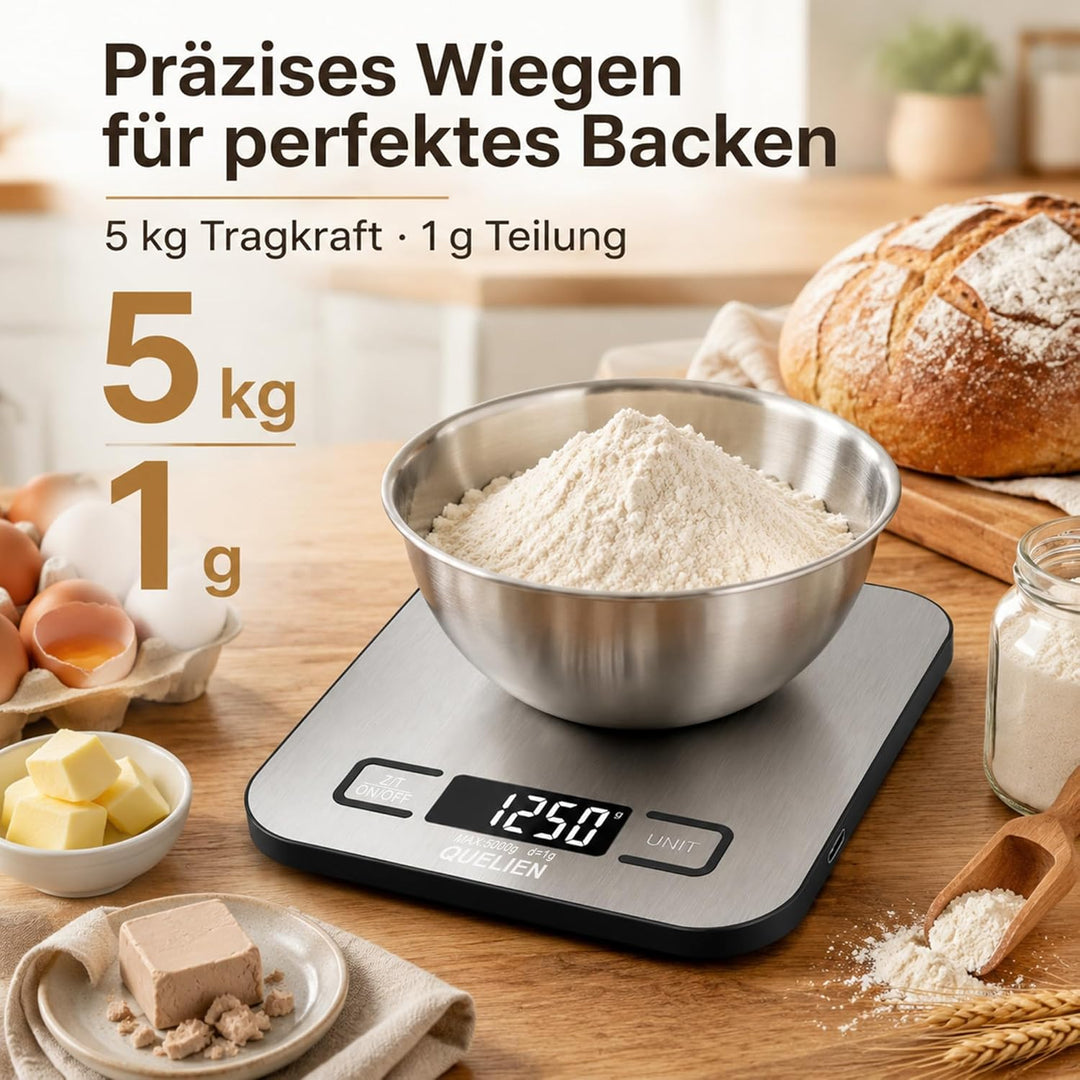Digitale Küchenwaage Aus Edelstahl, USB-Aufladbar, 5 kg/1 g Präzision, 6 Einheiten, Tara-Funktion, L