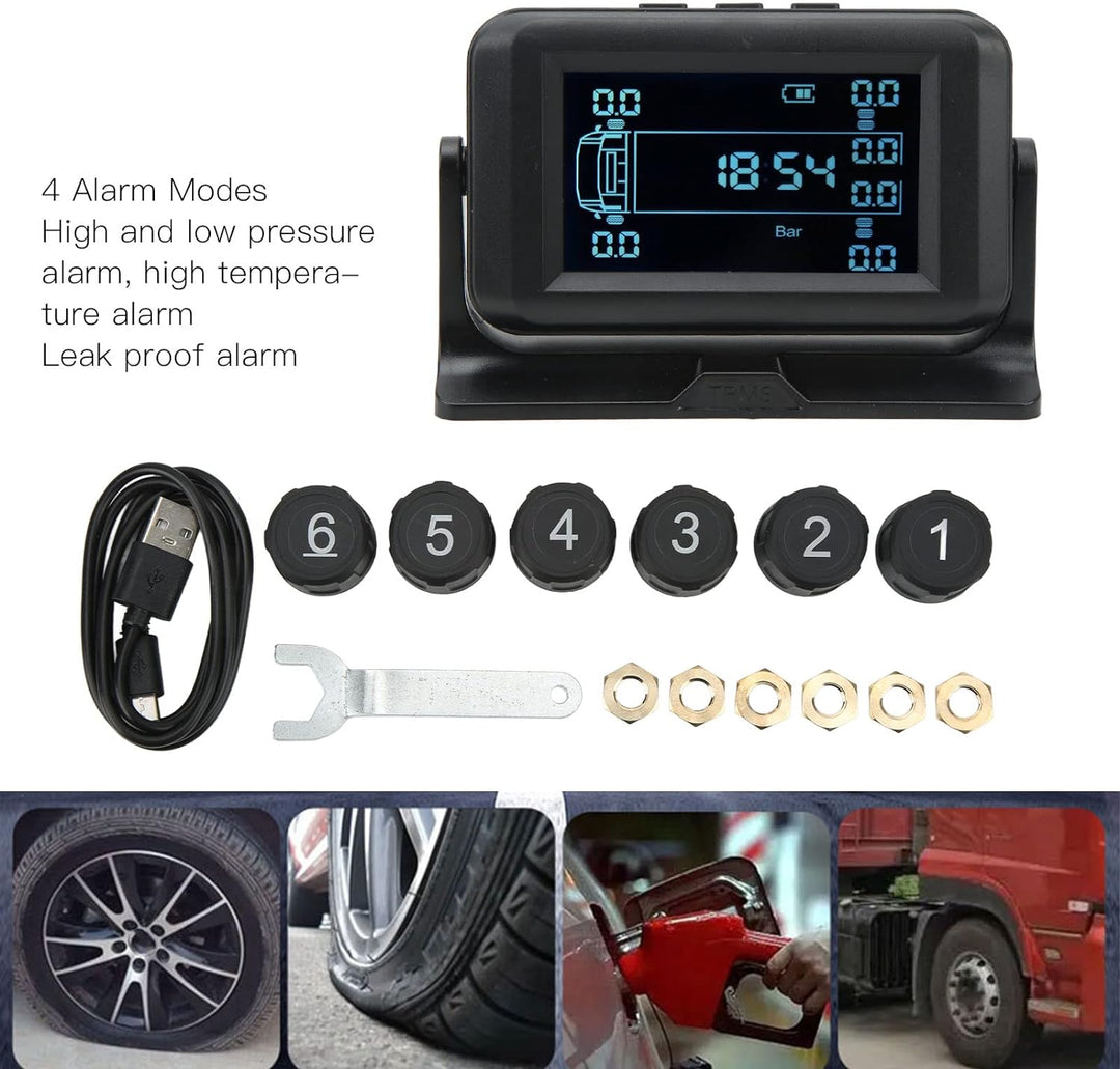 Reifendrucküberwachungssystem 6 Externe Sensoren für 6-Rad-LKW RV Hochdruckalarm IP67 USB-Solarstrom