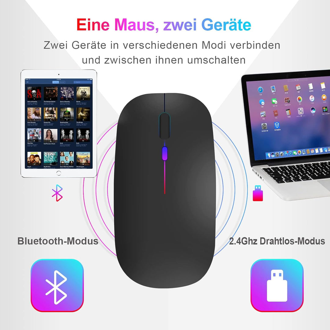 Bluetooth Maus kabellos (Bluetooth 5.1 + USB 2,4 GHz) LED Dual Mode- Wiederaufladbare Optische Offic