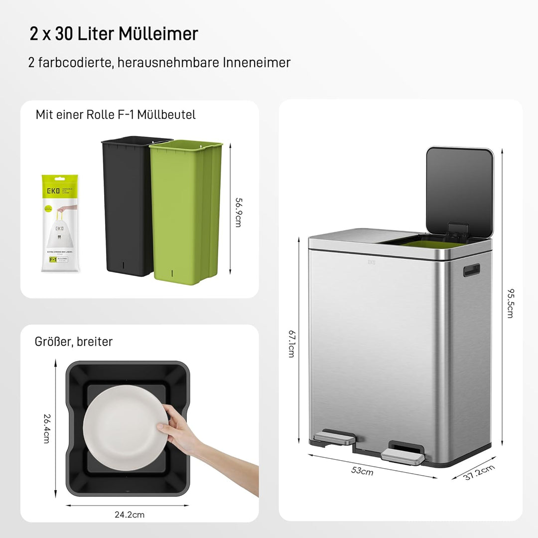 EKO Edison Mülleimer 2 Fächer, 2 x 30 l, Tretmülleimer Küche mit doppeltem Inneneimer, inkl. 20 Müll