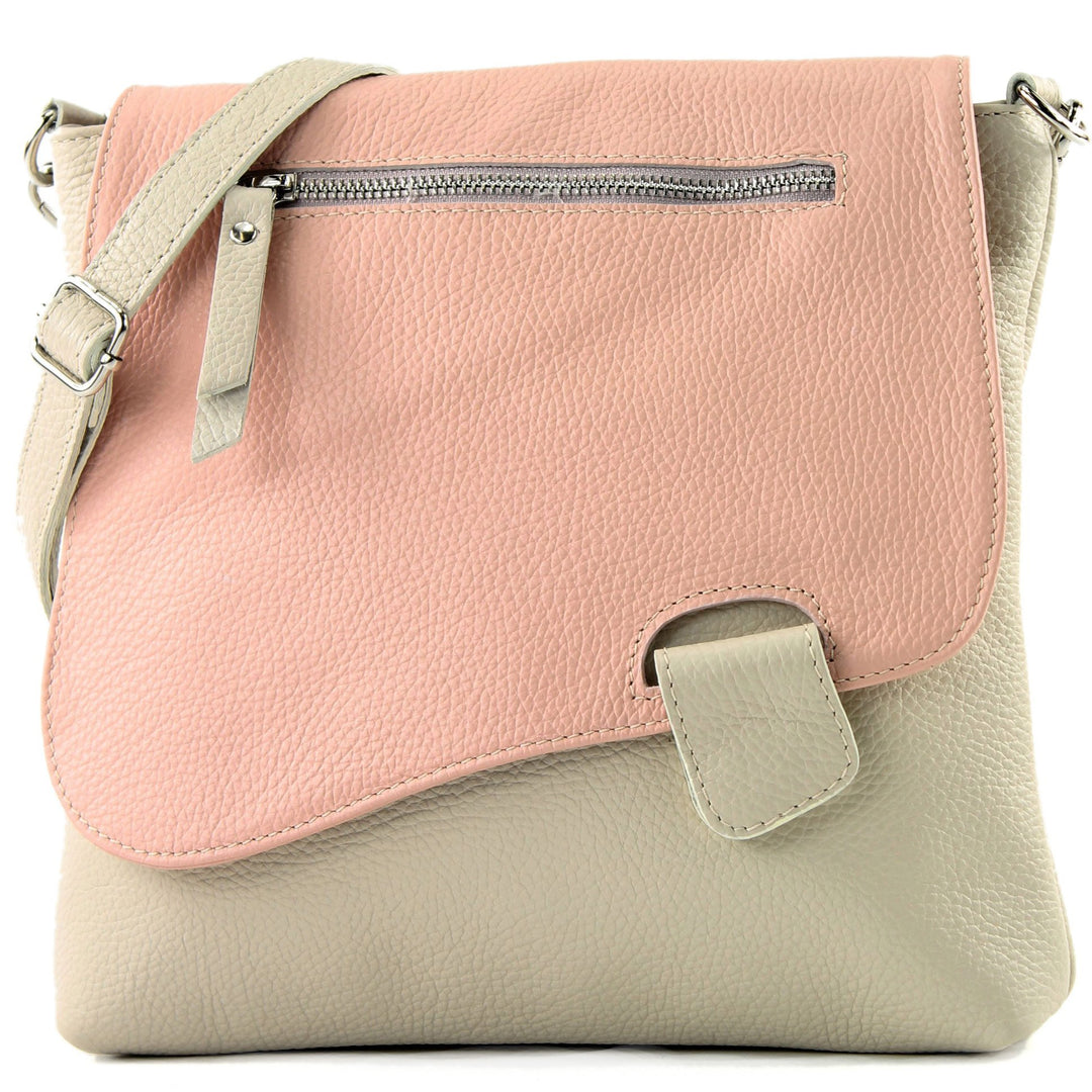 modamoda de - T146 - ital Messengertasche Umhängetasche aus Leder Cremebeige/Rosa, Cremebeige/Rosa