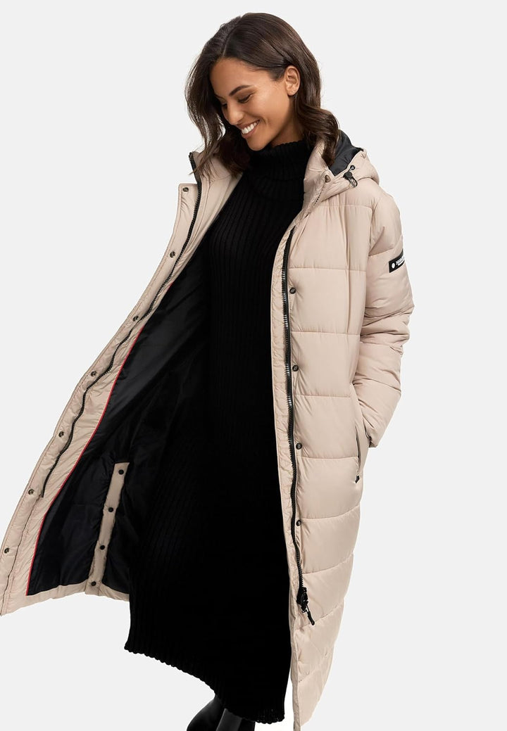 Navahoo Damen Wintermantel warmer Steppmantel lang mit abnehmbarer Kapuze Isalie XS-3XL XXL Taupe, X