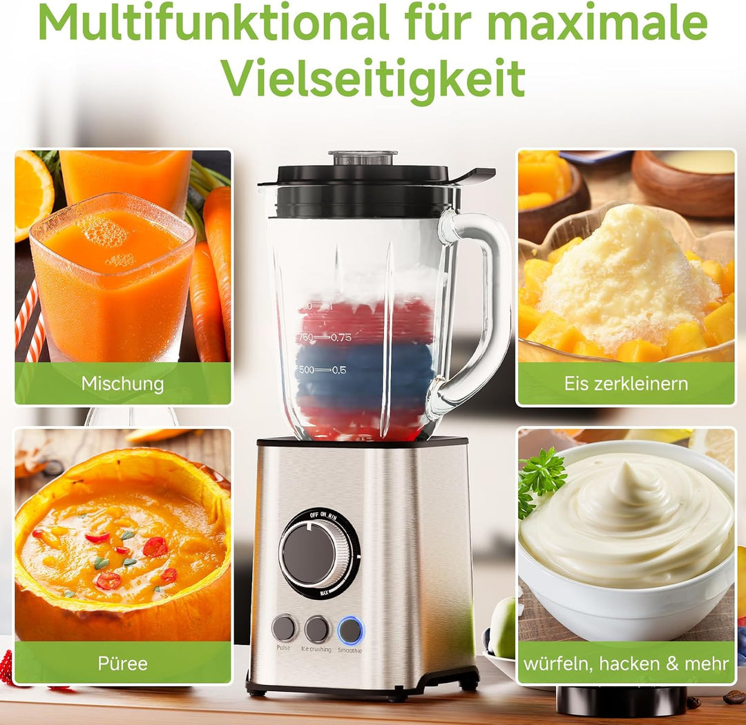 Biolomix 3-in-1-Mixer und Smoothie-Maker 1300-W-Standmixer mit 1,5-l-Glasbehälter 3 Geschwindigkeits