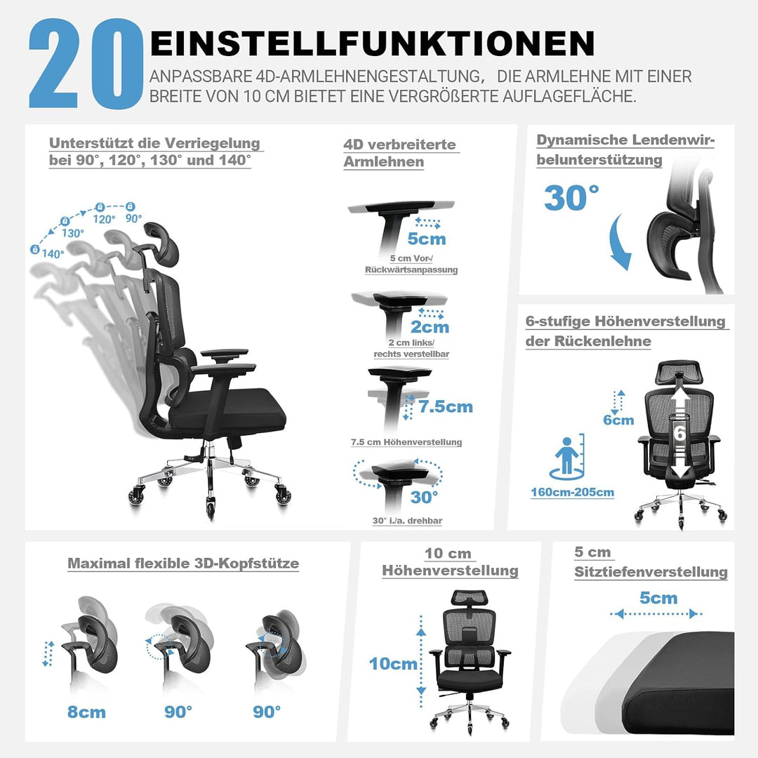 Bürostuhl Ergonomisch 200KG | 6P Verstellbare Rückenlehne | 4D-Armlehnen | Leises Gummirollen | Sitz
