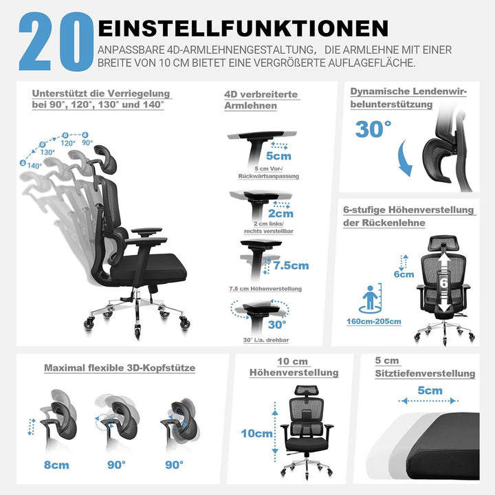Bürostuhl Ergonomisch 200KG | 6P Verstellbare Rückenlehne | 4D-Armlehnen | Leises Gummirollen | Sitz