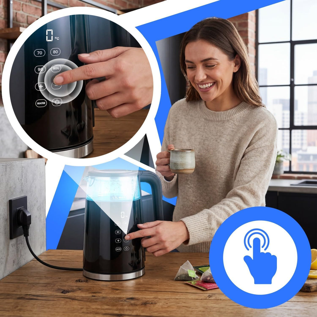 Retoo Glas Wasserkocher 1.7L mit Temperatureinstellung Elektrisch, 2200W, BPA-frei, 70–100°C, Touch-