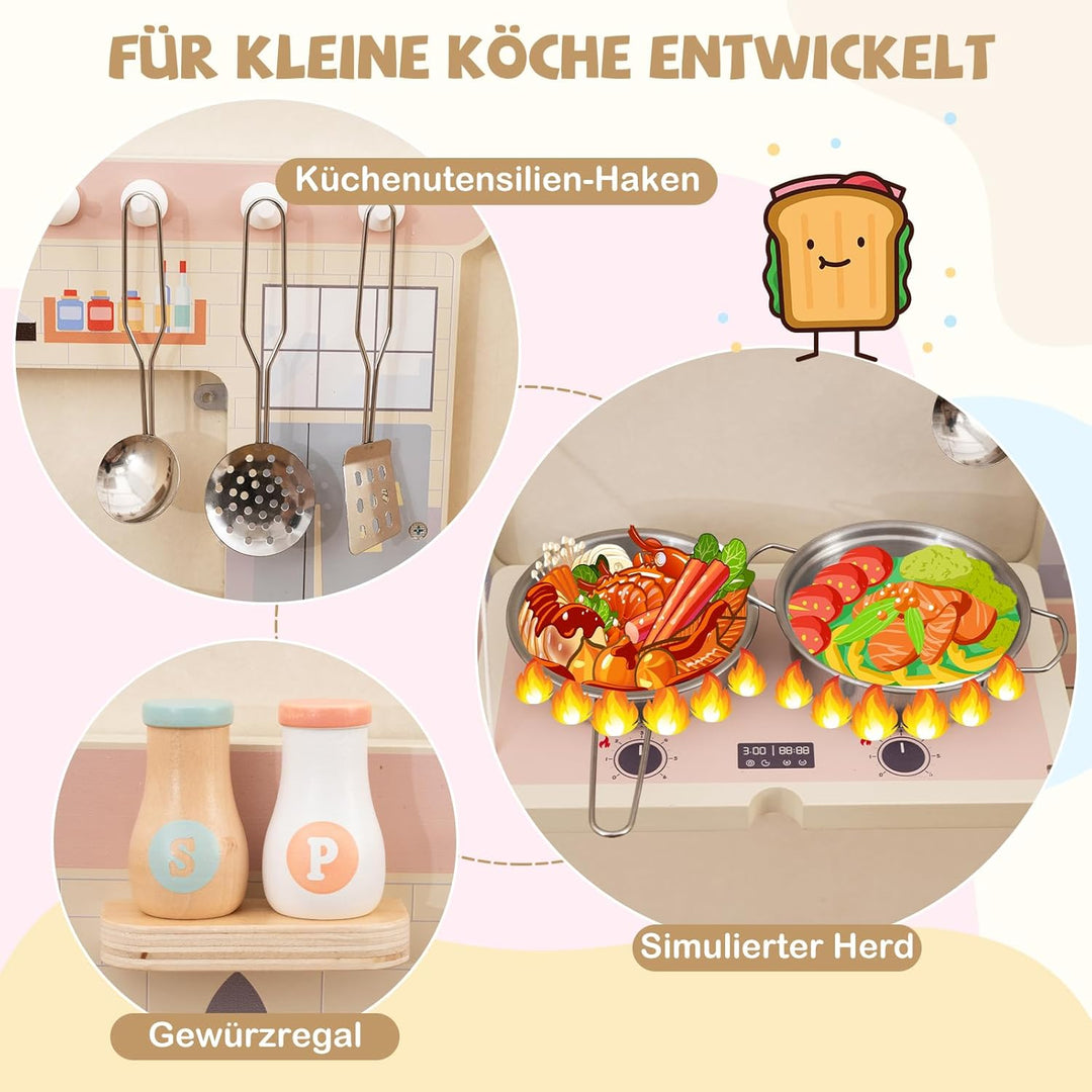 COSTWAY Montessori Motorikbrett, 5-in-1 Busy Board mit Schminkset, Werkzeugkasten, Spielküche, Arzts
