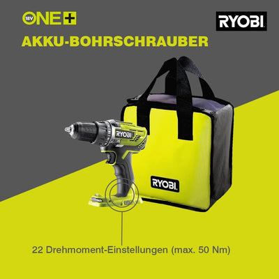 Ryobi, Akku-Bohrschrauber, 18 V, ONE+, 2 Geschwindigkeitsstufen, 50 Nm, Bohrfutter 13 mm, LED, 2 Akk