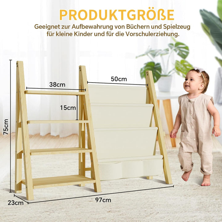 Bücherregal für Kinder, Holz, Vier Etagen Regal für Spielzeug Aufbewahrung, Montessori Bücherregal f