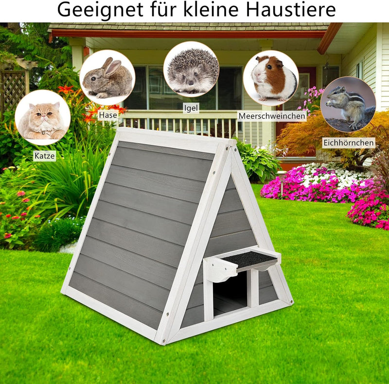 GYMAX 50 x 55 x 52 cm Katzenhaus mit Asphaltdach & Tür, Wetterfeste Katzenhöhle aus Holz, Katzenhütt